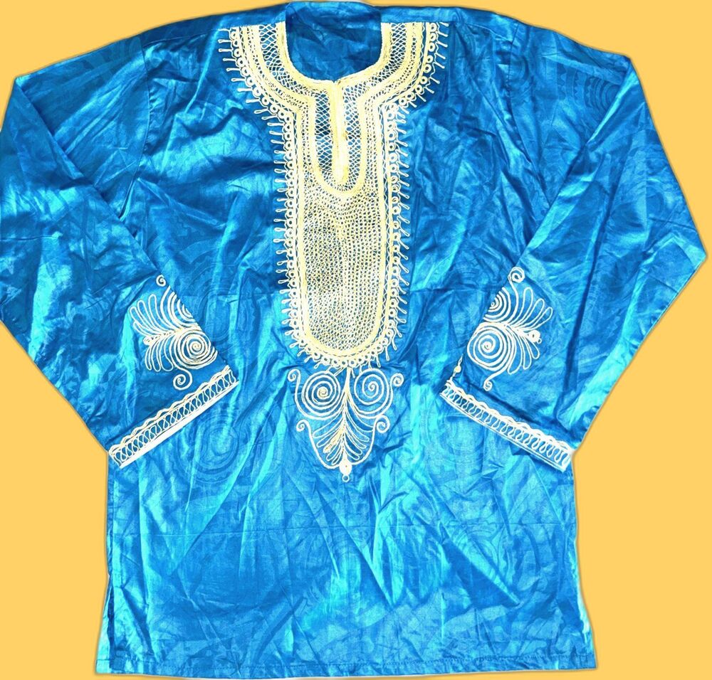 African Dashiki Outfit Royal Blue/Gold Embroidered Long Shirt